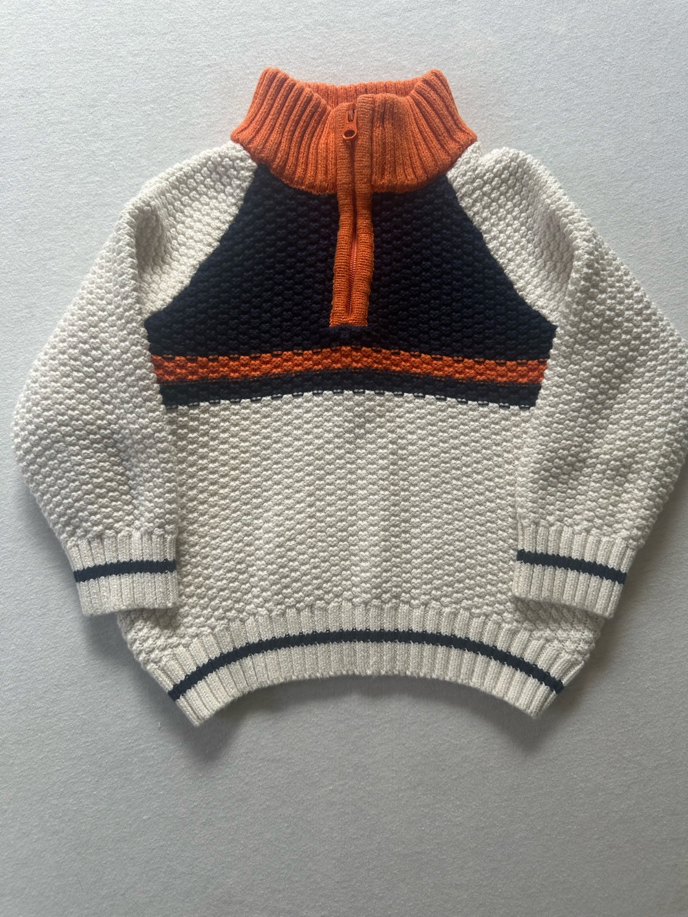 Janie and Jack Cream Knit Crewneck Sweater with Navy & Orange Accents